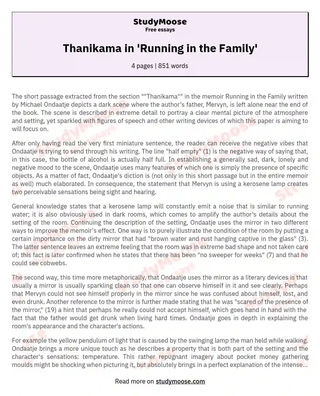 Thanikama in 'Running in the Family' essay