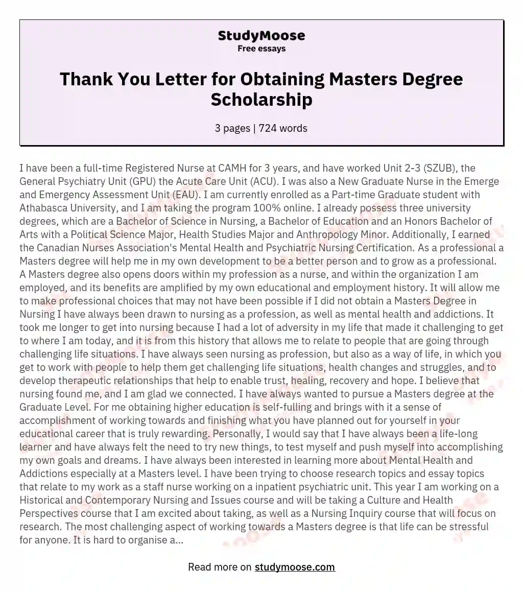 Thank You Letter for Obtaining Masters Degree Scholarship essay