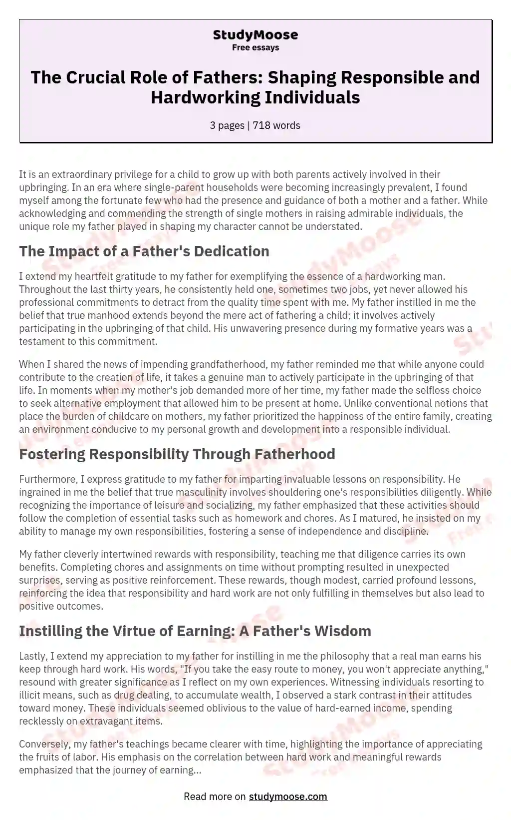 The Crucial Role of Fathers: Shaping Responsible and Hardworking Individuals essay