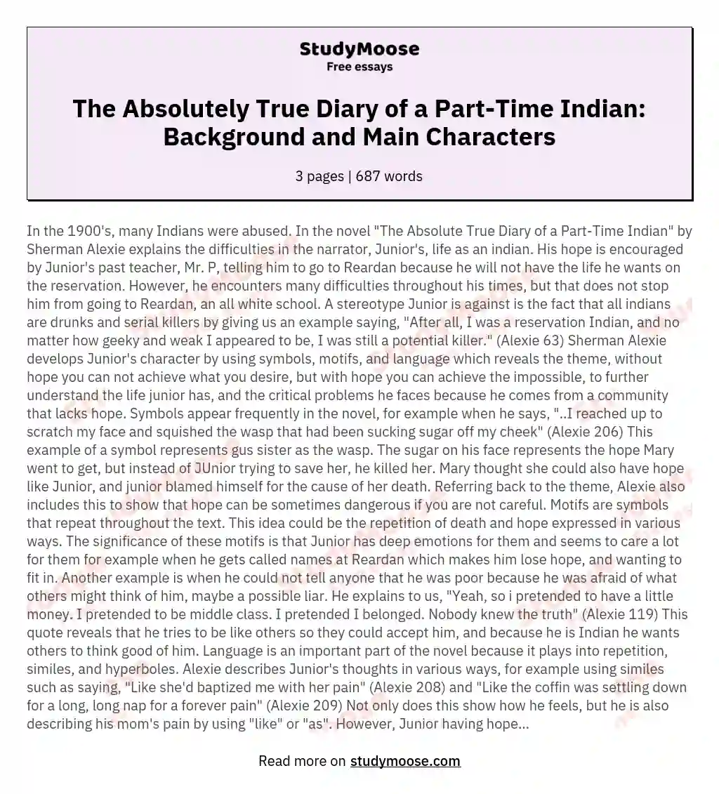 The Absolutely True Diary of a Part-Time Indian: Background and Main Characters
