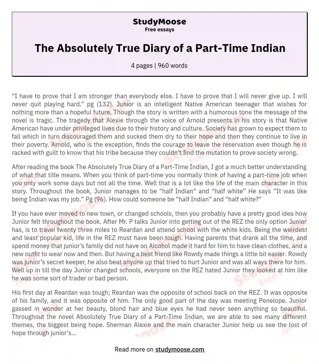 The Absolutely True Diary of a Part-Time Indian essay
