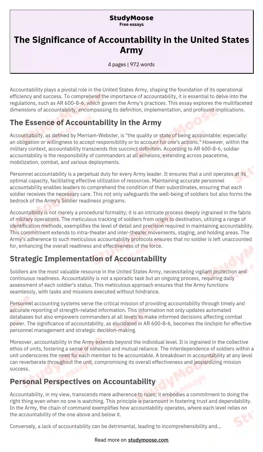 The Significance of Accountability in the United States Army essay