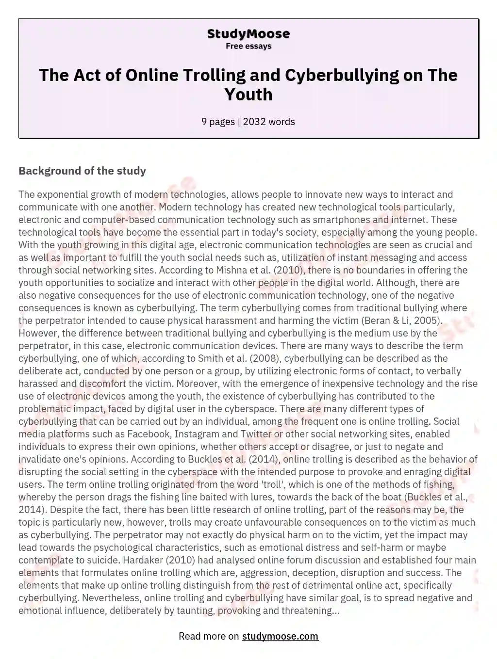 The Act of Online Trolling and Cyberbullying on The Youth essay