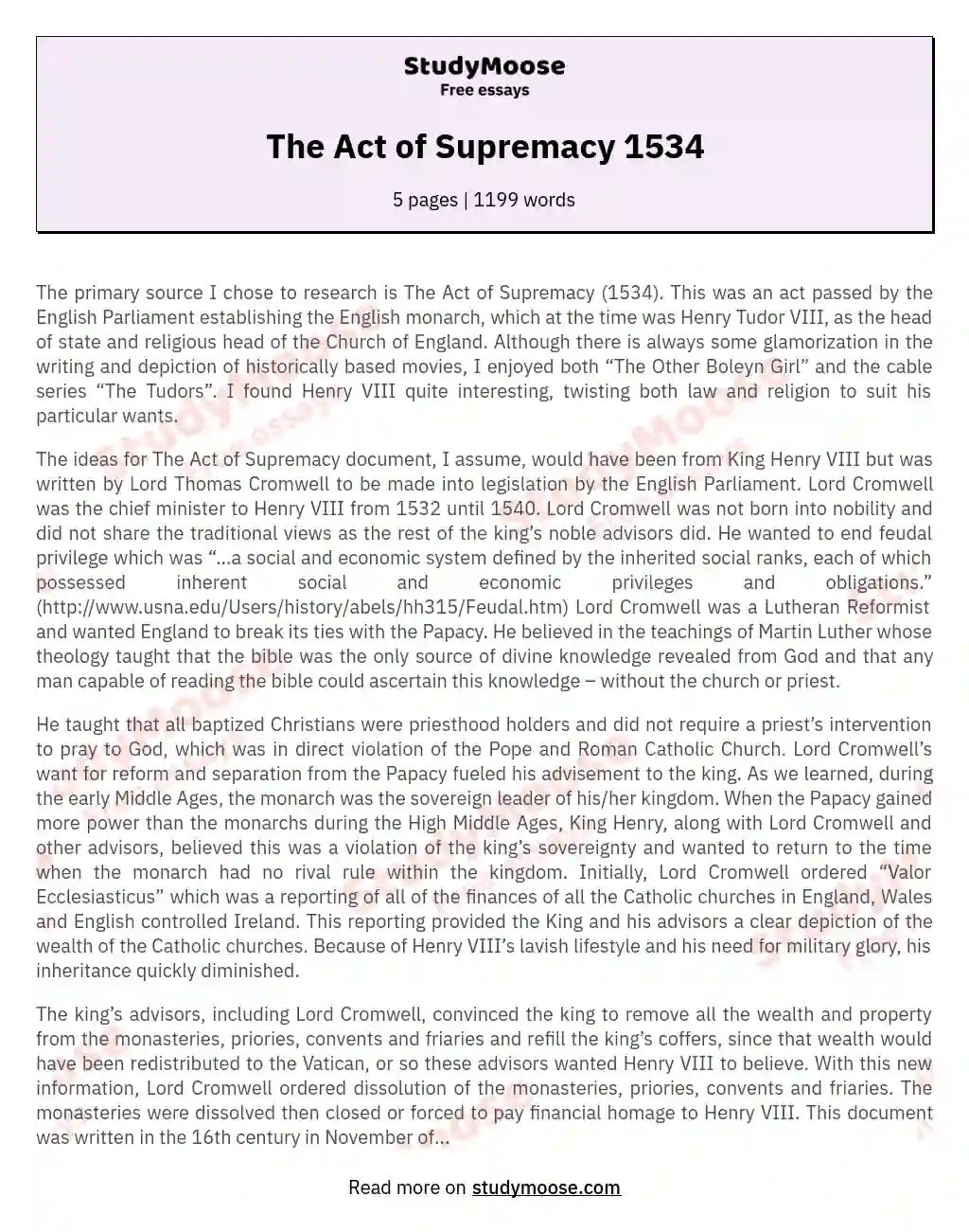 The Act of Supremacy 1534 essay