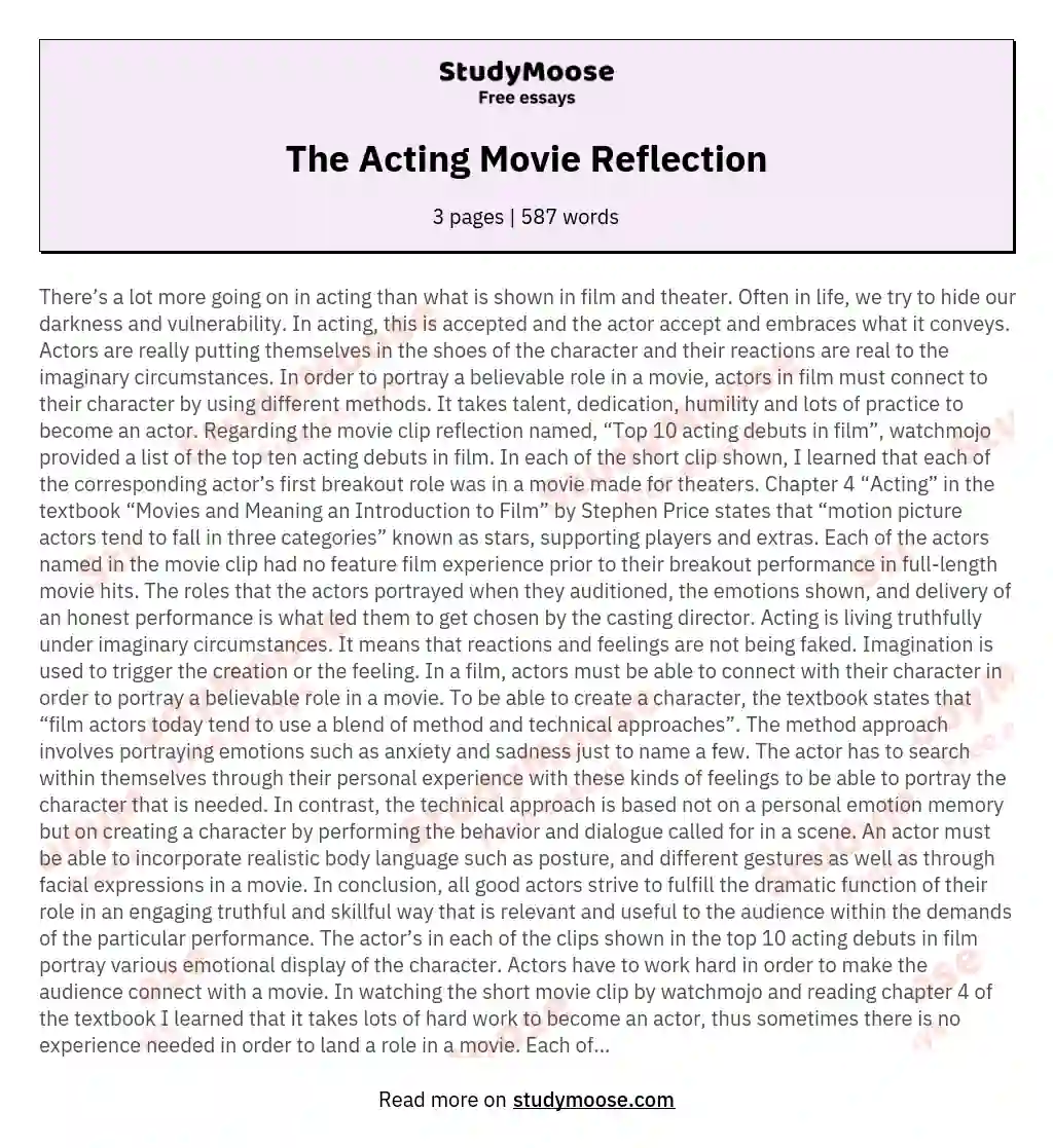 The Acting Movie Reflection essay