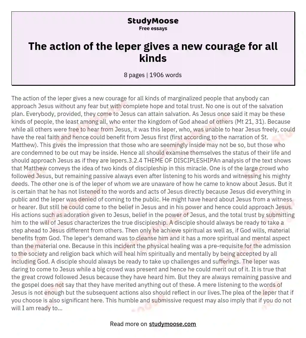 The action of the leper gives a new courage for all kinds essay