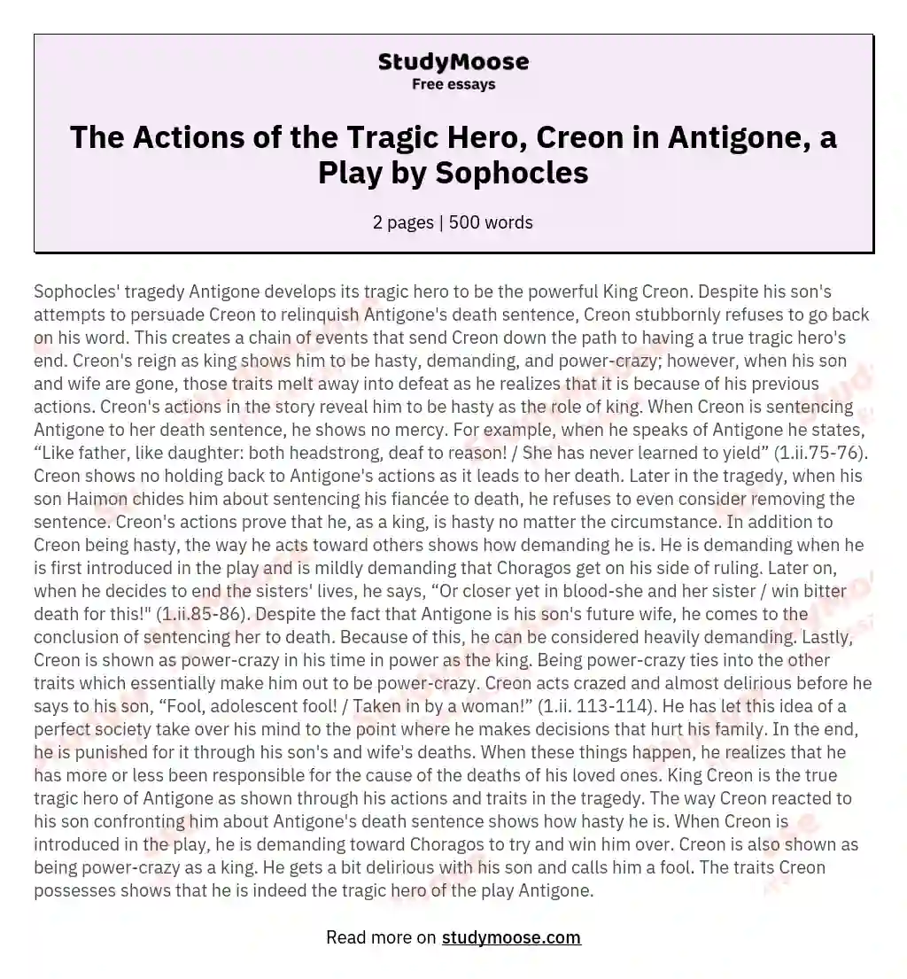 The Actions of the Tragic Hero, Creon in Antigone, a Play by Sophocles essay