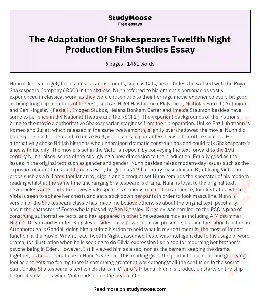 The Adaptation Of Shakespeares Twelfth Night Production Film Studies Essay