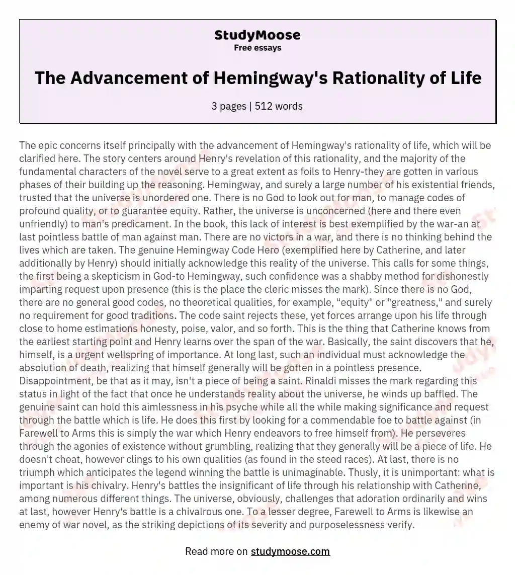 The Advancement of Hemingway's Rationality of Life essay