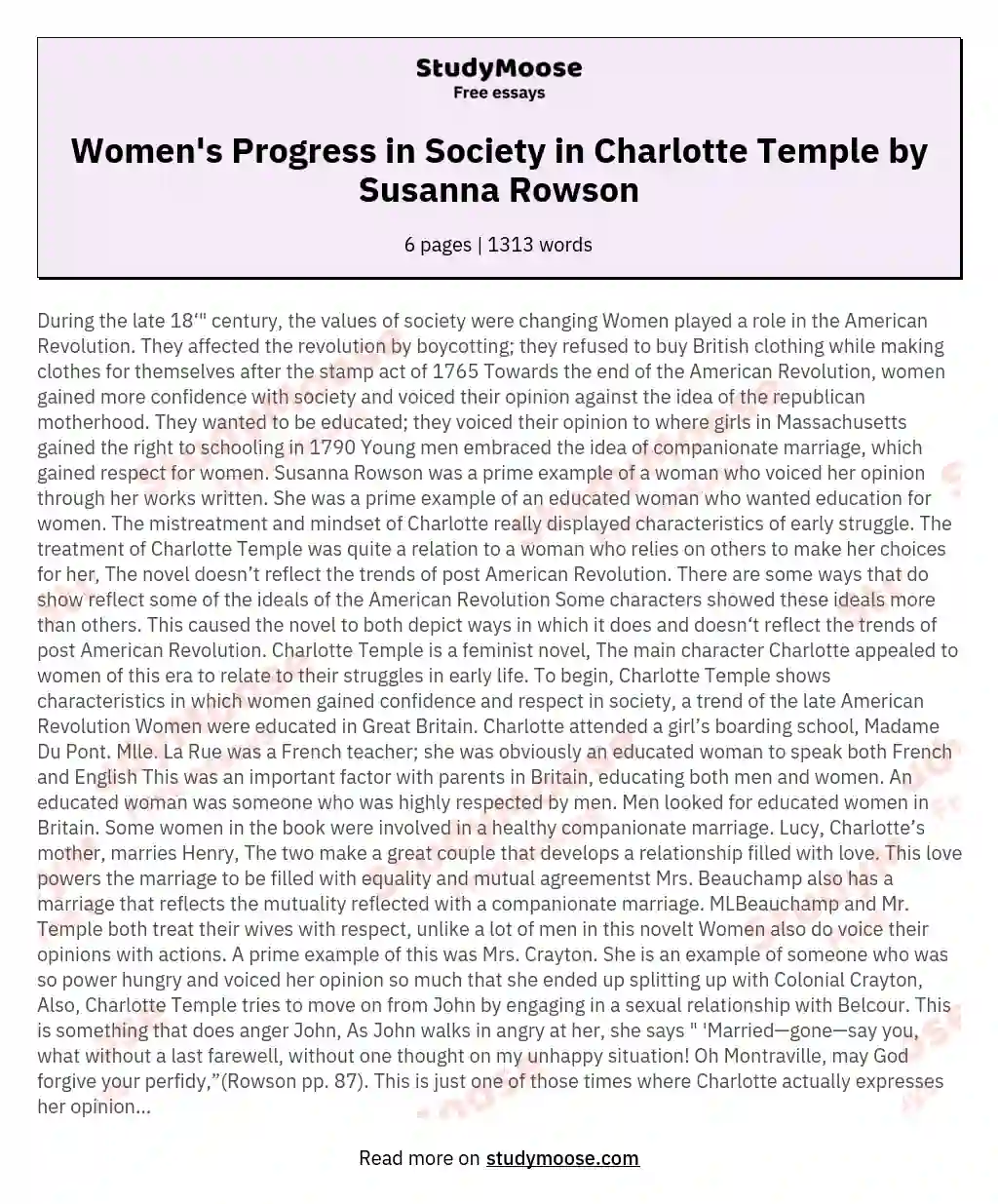 Women's Progress in Society in Charlotte Temple by Susanna Rowson essay