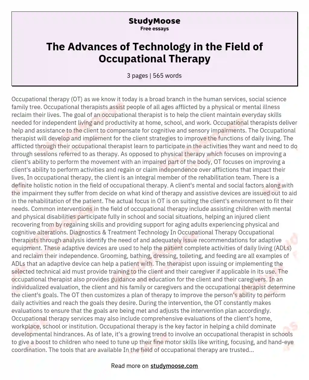 The Advances of Technology in the Field of Occupational Therapy essay