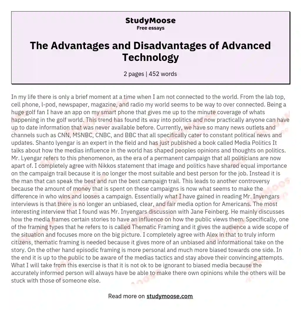 The Advantages and Disadvantages of Advanced Technology essay