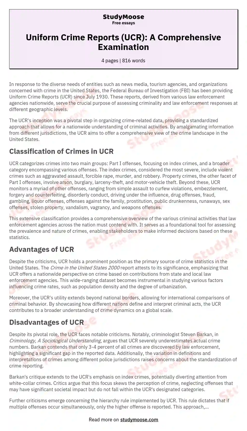Uniform Crime Reports (UCR): A Comprehensive Examination essay