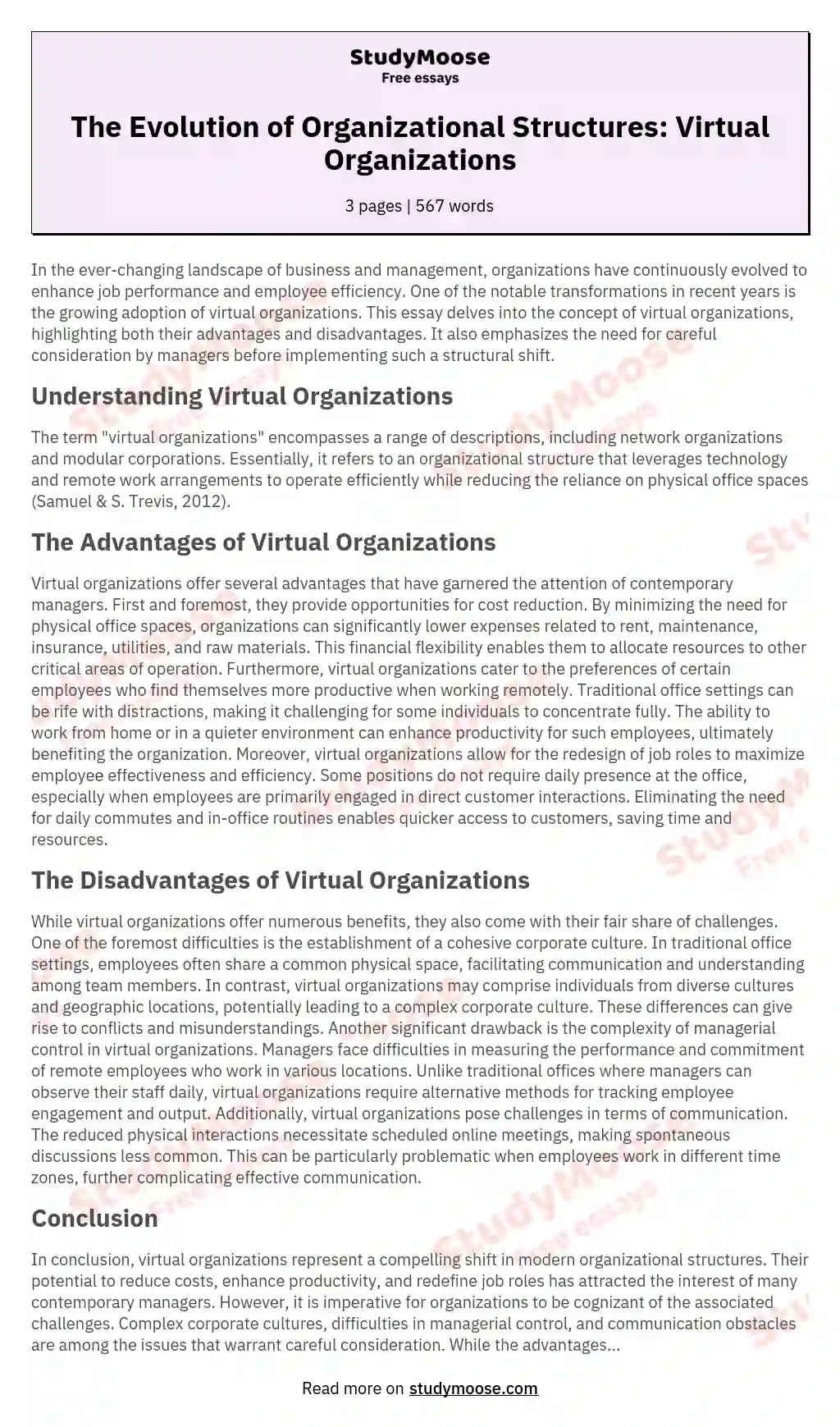 The Evolution of Organizational Structures: Virtual Organizations essay