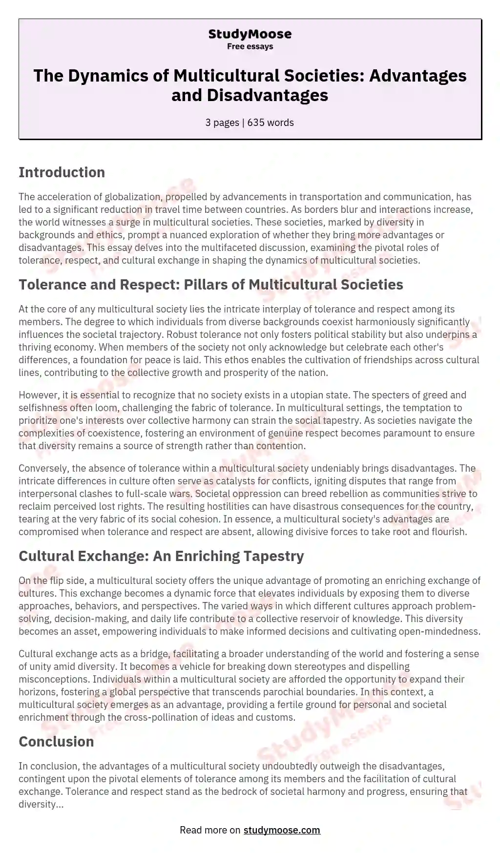 The Dynamics of Multicultural Societies: Advantages and Disadvantages essay