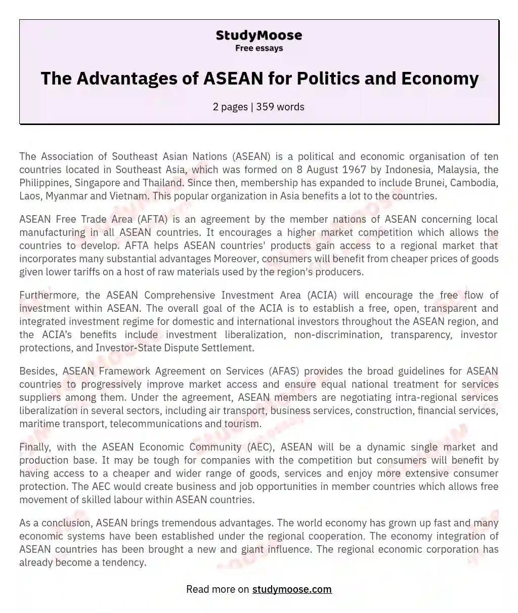 The Advantages of ASEAN for Politics and Economy essay