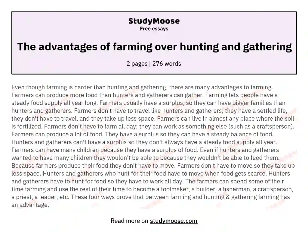 The advantages of farming over hunting and gathering essay