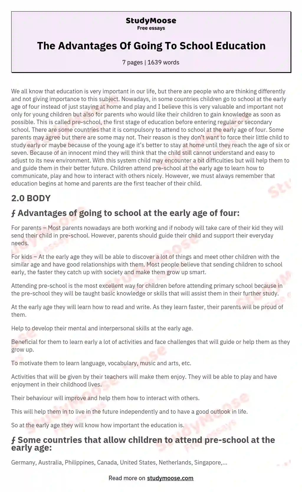 The Advantages Of Going To School Education Free Essay Example