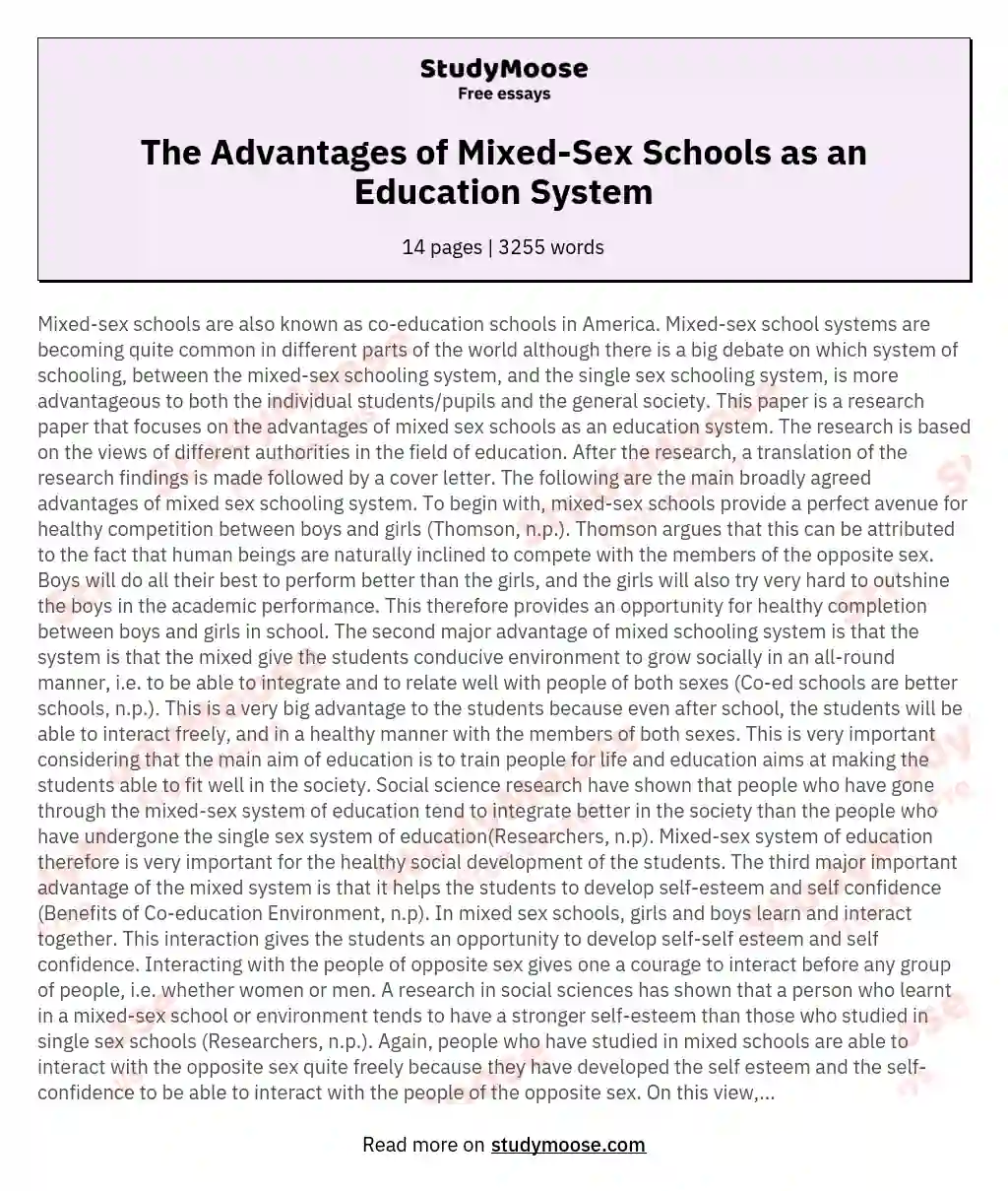 The Advantages of Mixed-Sex Schools as an Education System essay