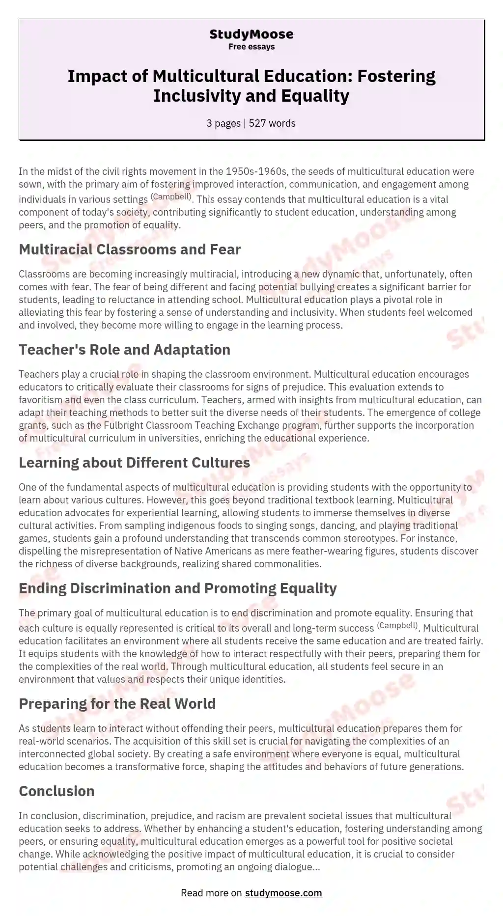 Impact of Multicultural Education: Fostering Inclusivity and Equality essay