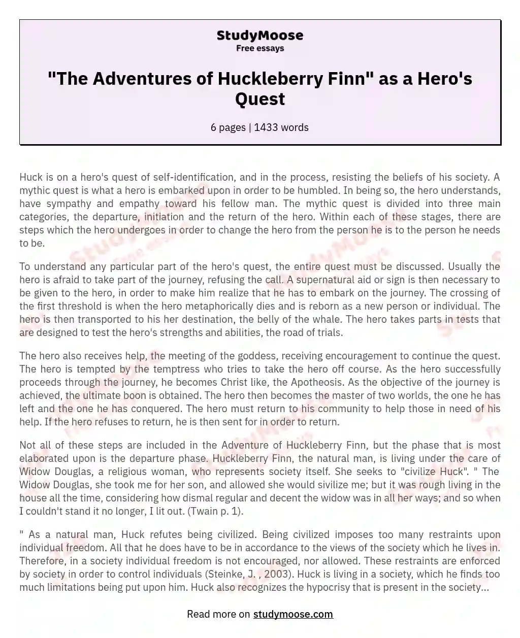 "The Adventures of Huckleberry Finn" as a Hero's Quest
