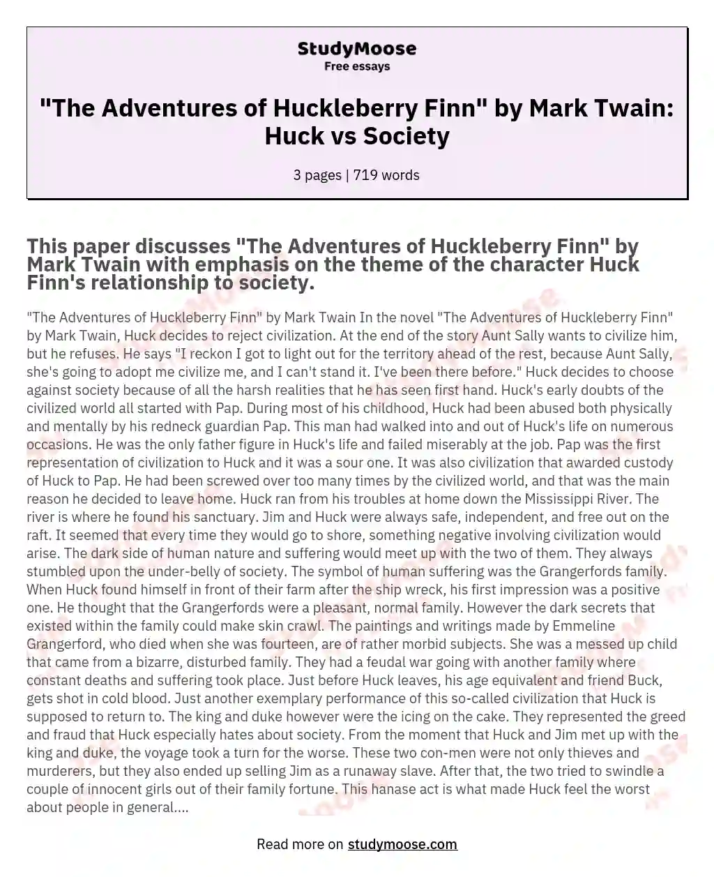 "The Adventures of Huckleberry Finn" by Mark Twain: Huck vs Society
