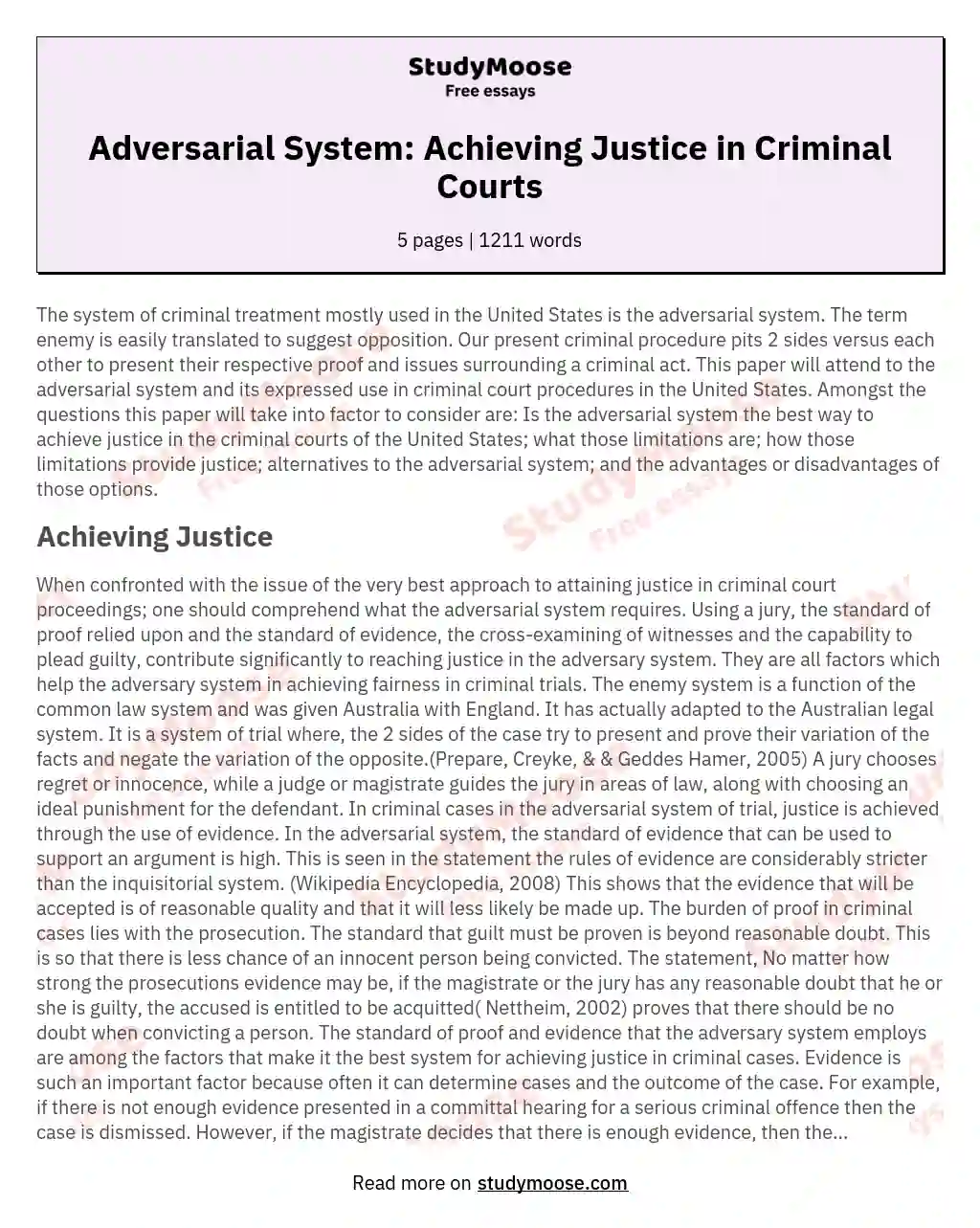 Adversarial System: Achieving Justice in Criminal Courts essay