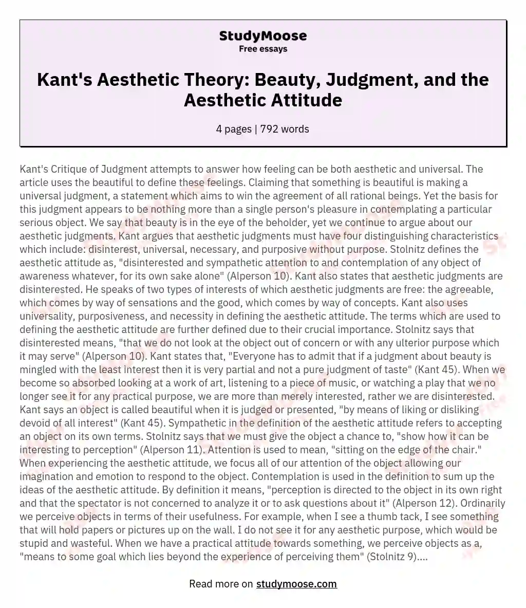 Kant's Aesthetic Theory: Beauty, Judgment, and the Aesthetic Attitude essay