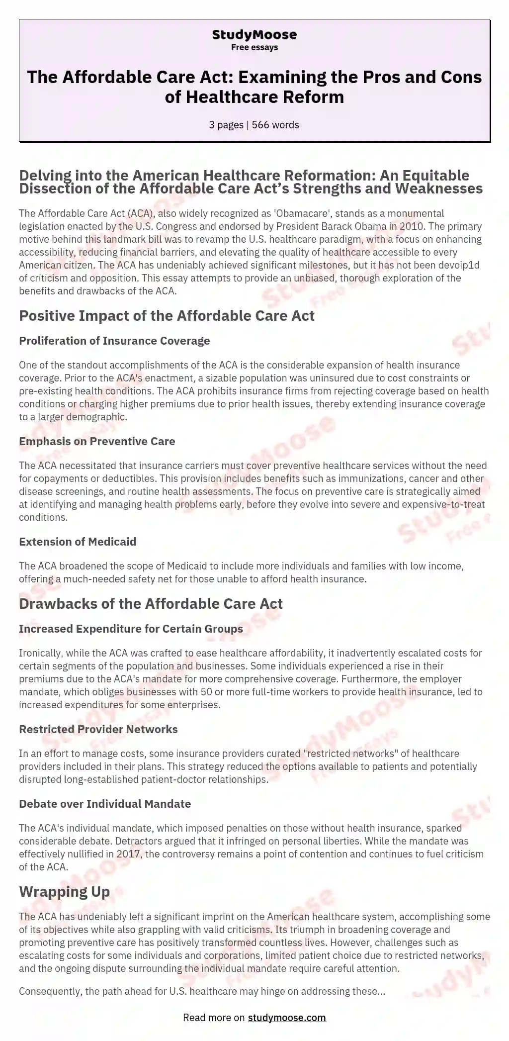 The Affordable Care Act: Examining the Pros and Cons of Healthcare Reform essay