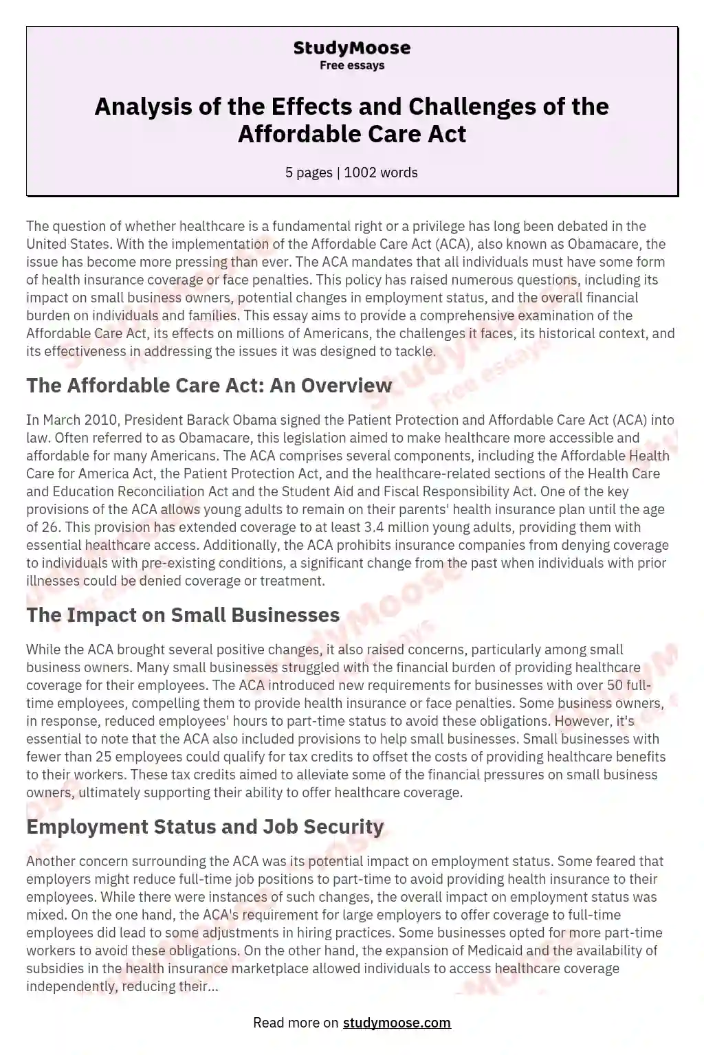 Analysis of the Effects and Challenges of the Affordable Care Act essay
