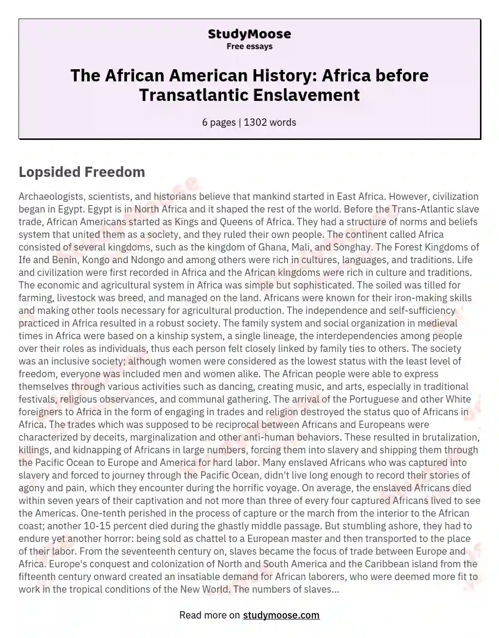 The African American History: Africa before Transatlantic Enslavement
