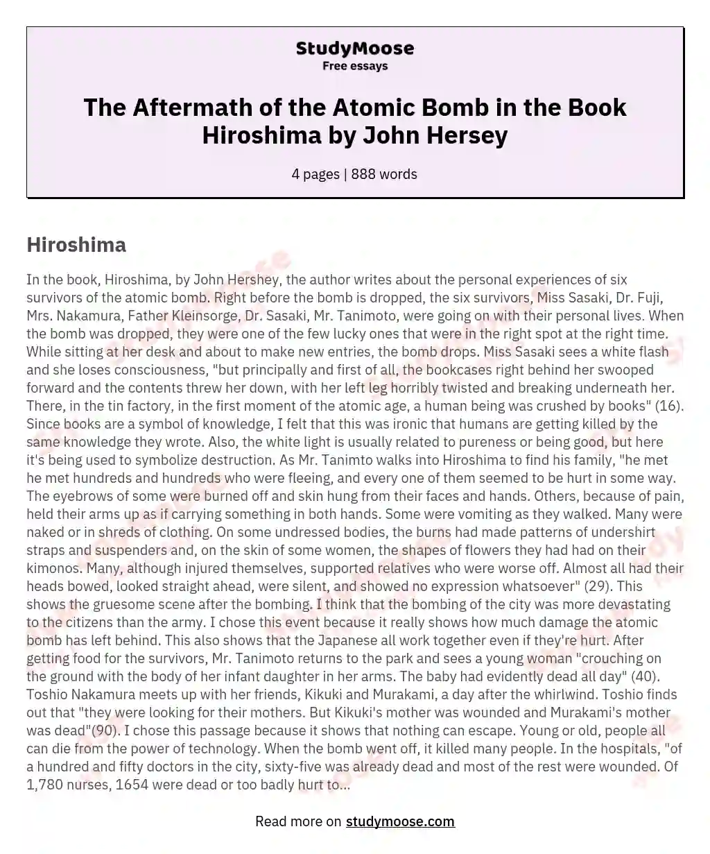 The Aftermath of the Atomic Bomb in the Book Hiroshima by John Hersey essay
