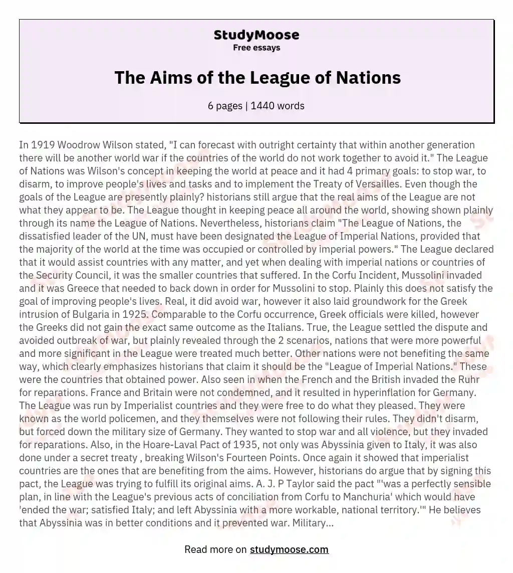 The Aims of the League of Nations essay