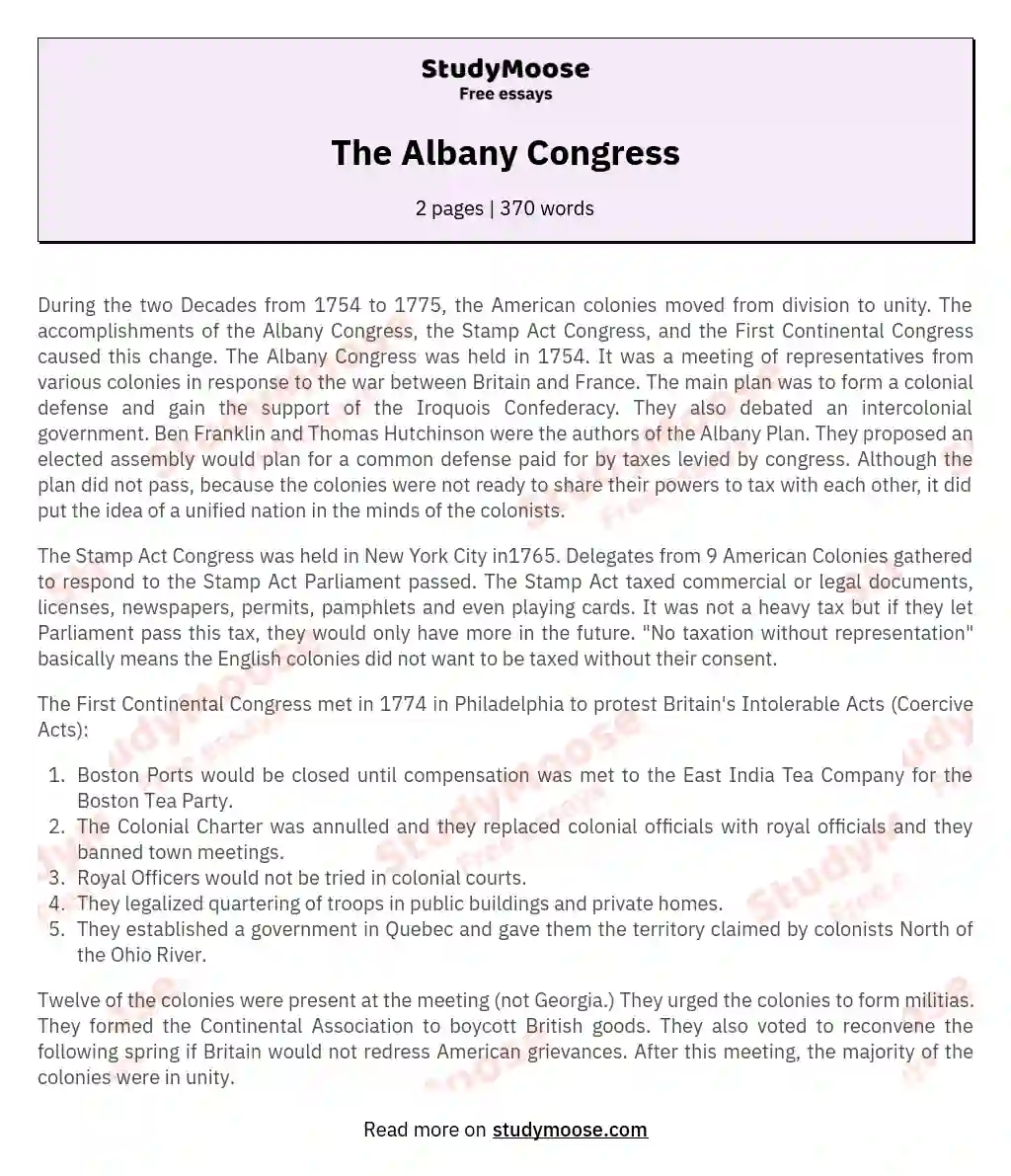 The Albany Congress essay