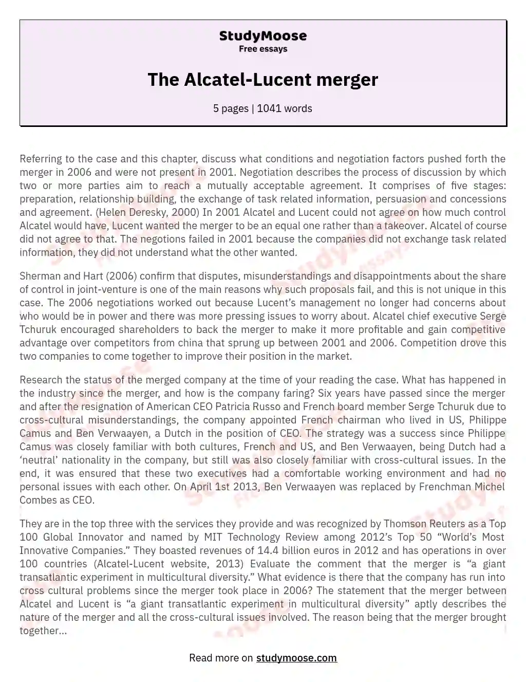 The Alcatel-Lucent merger essay