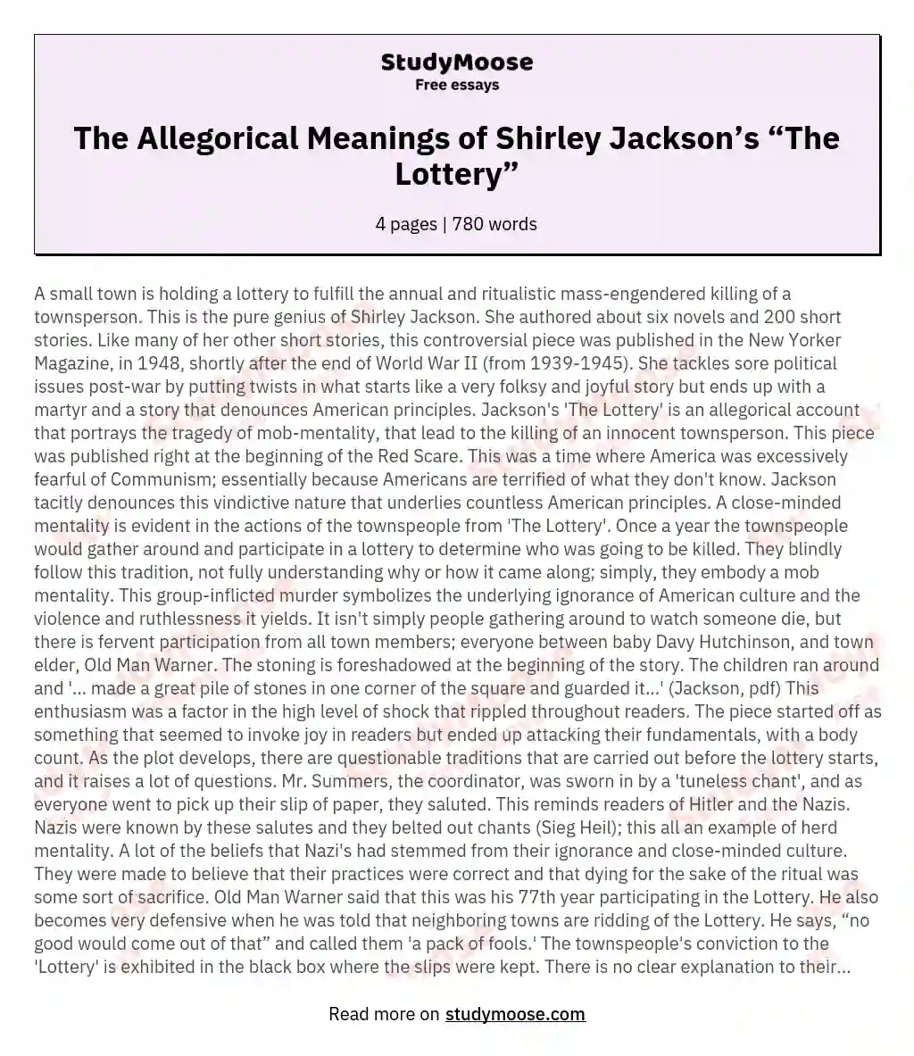 The Allegorical Meanings of Shirley Jackson’s “The Lottery”