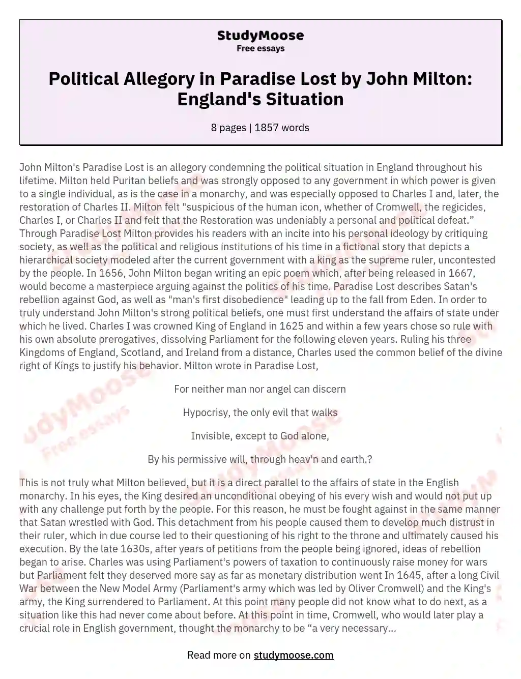 Political Allegory in Paradise Lost by John Milton: England's Situation essay