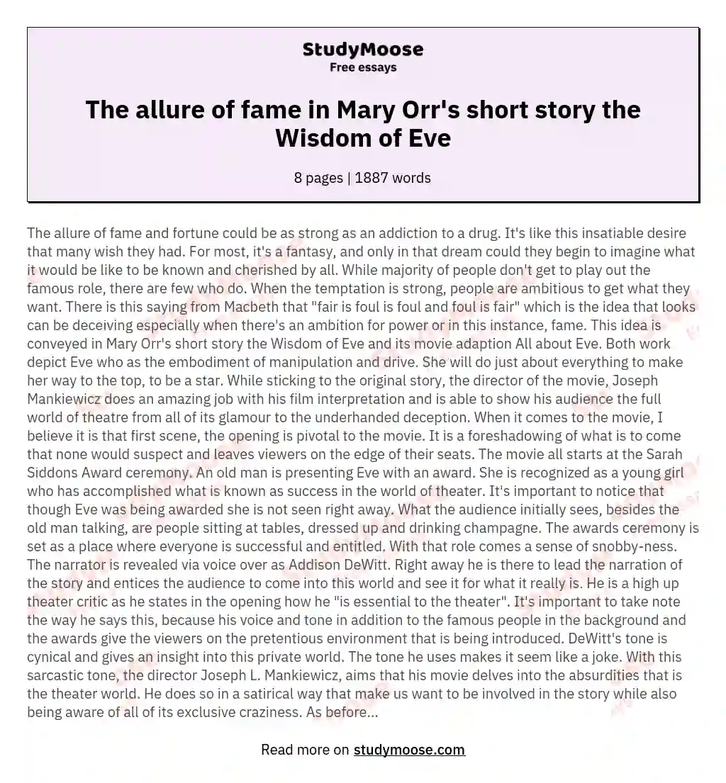 The allure of fame in Mary Orr's short story the Wisdom of Eve essay