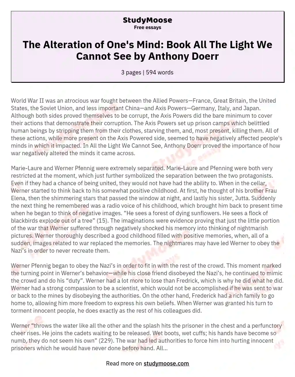 The Alteration of One's Mind: Book All The Light We Cannot See by Anthony Doerr essay