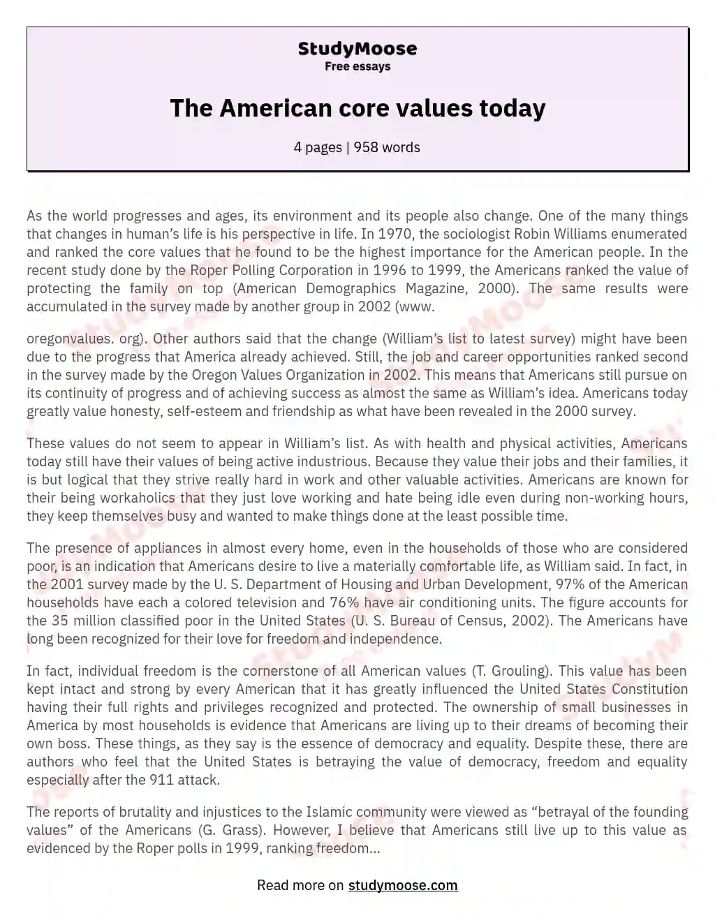 The American core values today essay