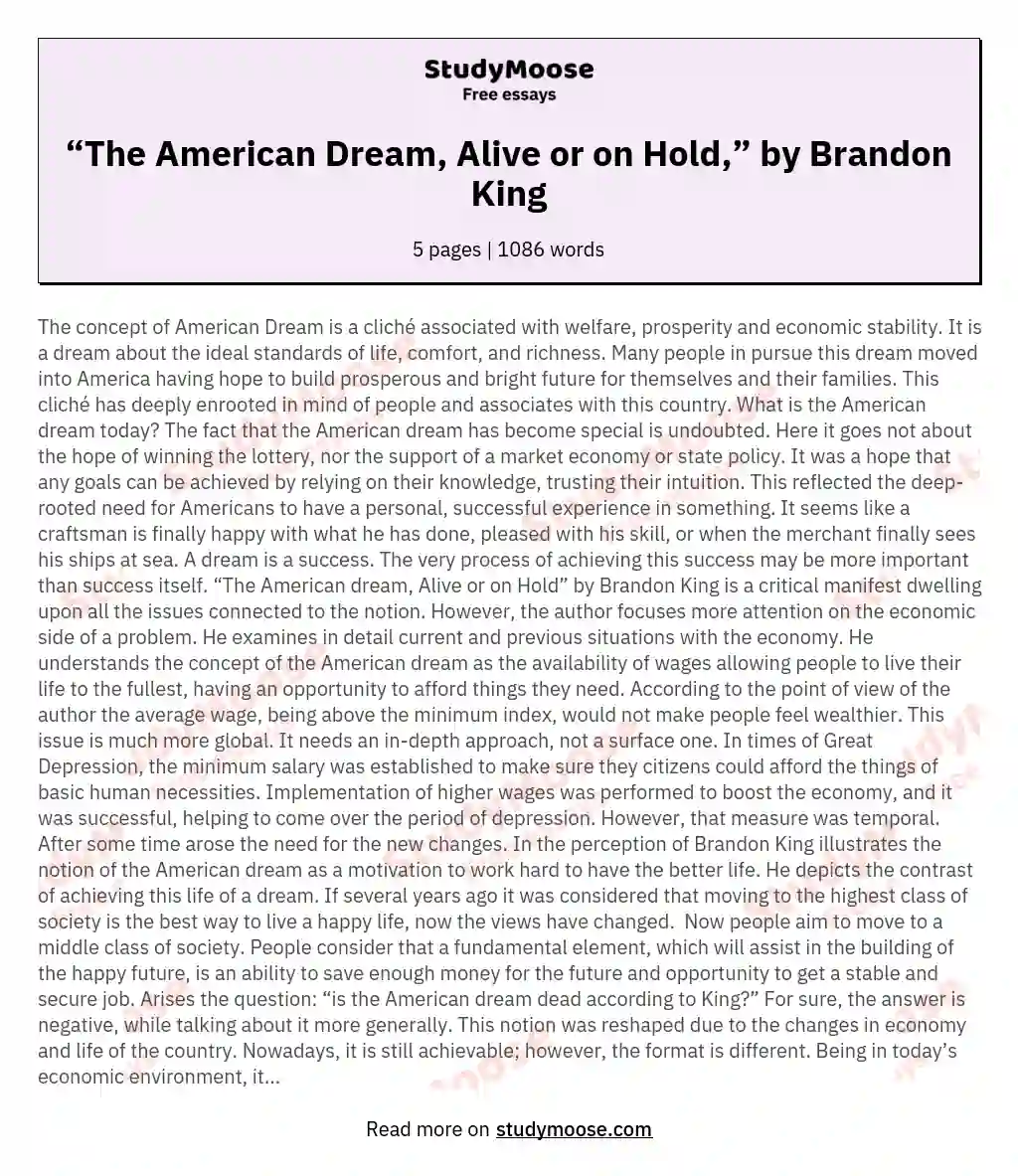 “The American Dream, Alive or on Hold,” by Brandon King essay