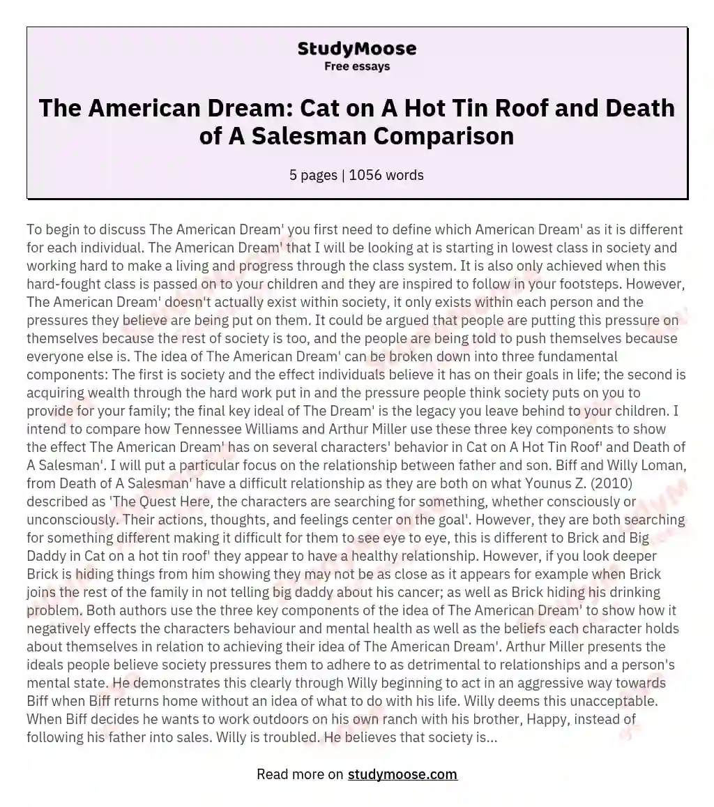 The American Dream: Cat on A Hot Tin Roof and Death of A Salesman Comparison