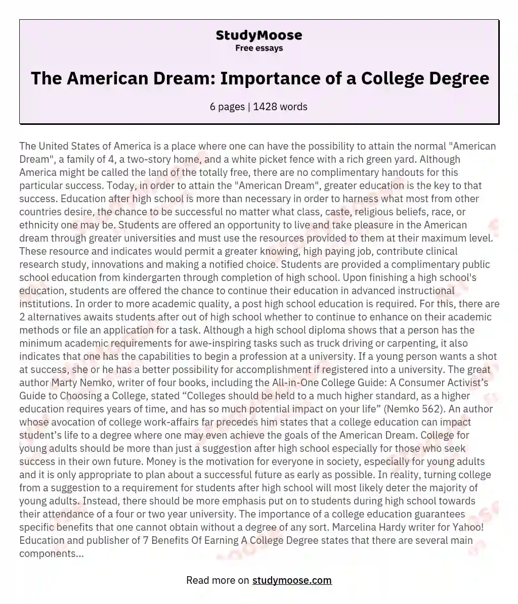 The American Dream: Importance of a College Degree essay