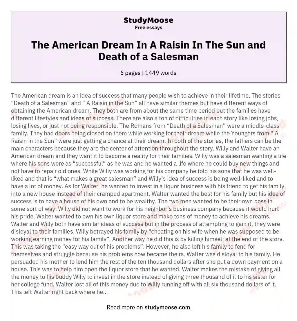 The American Dream In A Raisin In The Sun and Death of a Salesman