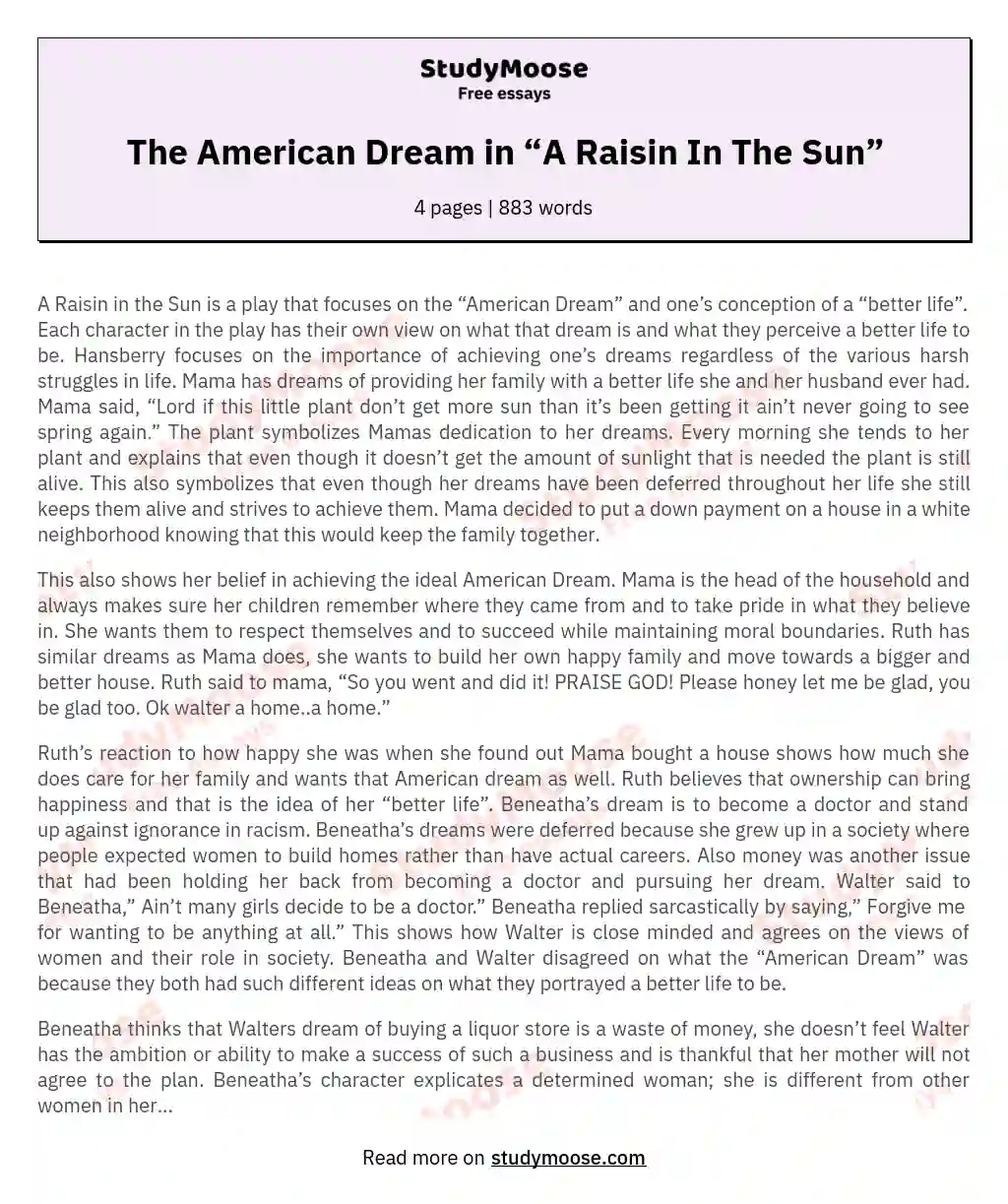 A Raisin in the Sun: The American Dream Reimagined essay