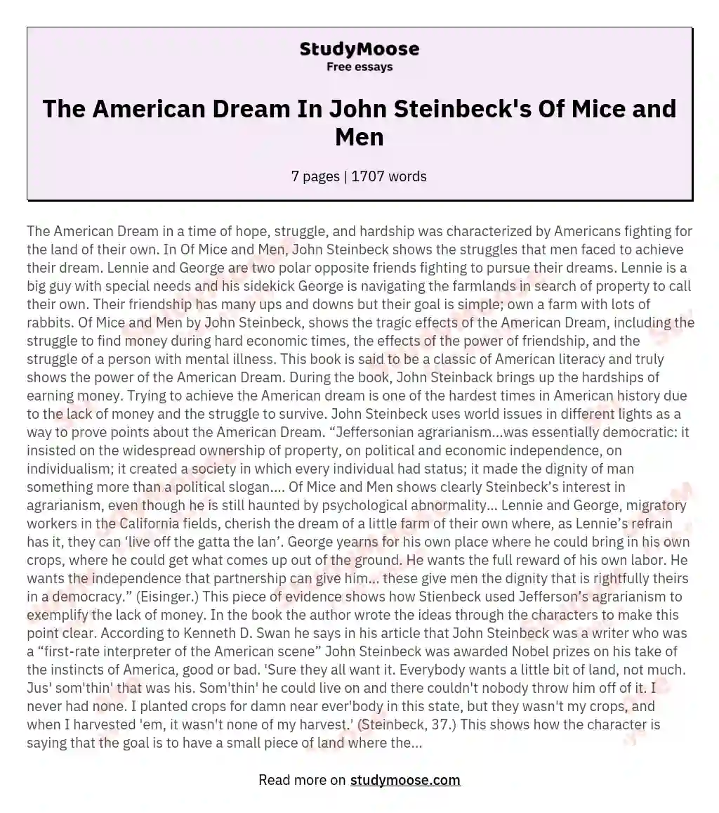 The American Dream In John Steinbeck's Of Mice and Men essay