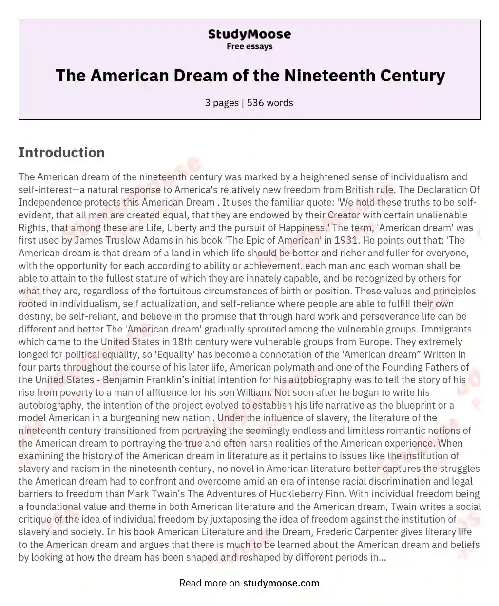 The American Dream of the Nineteenth Century essay