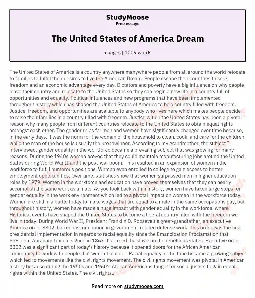 The United States of America Dream essay