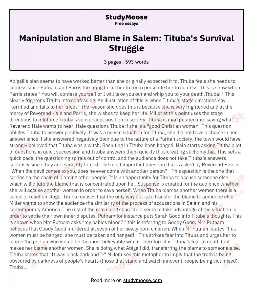 Manipulation and Blame in Salem: Tituba's Survival Struggle essay