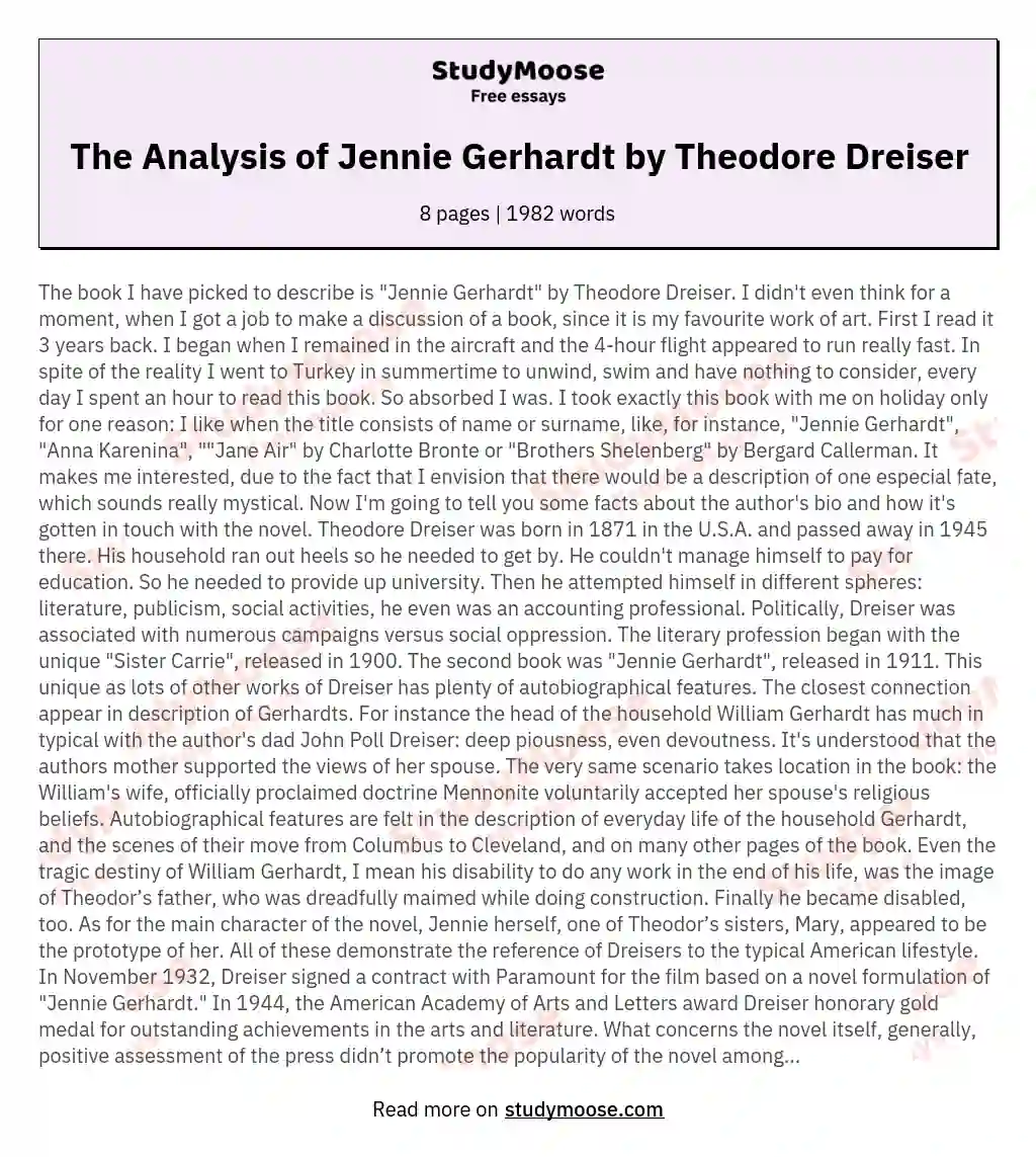 The Analysis of Jennie Gerhardt by Theodore Dreiser essay
